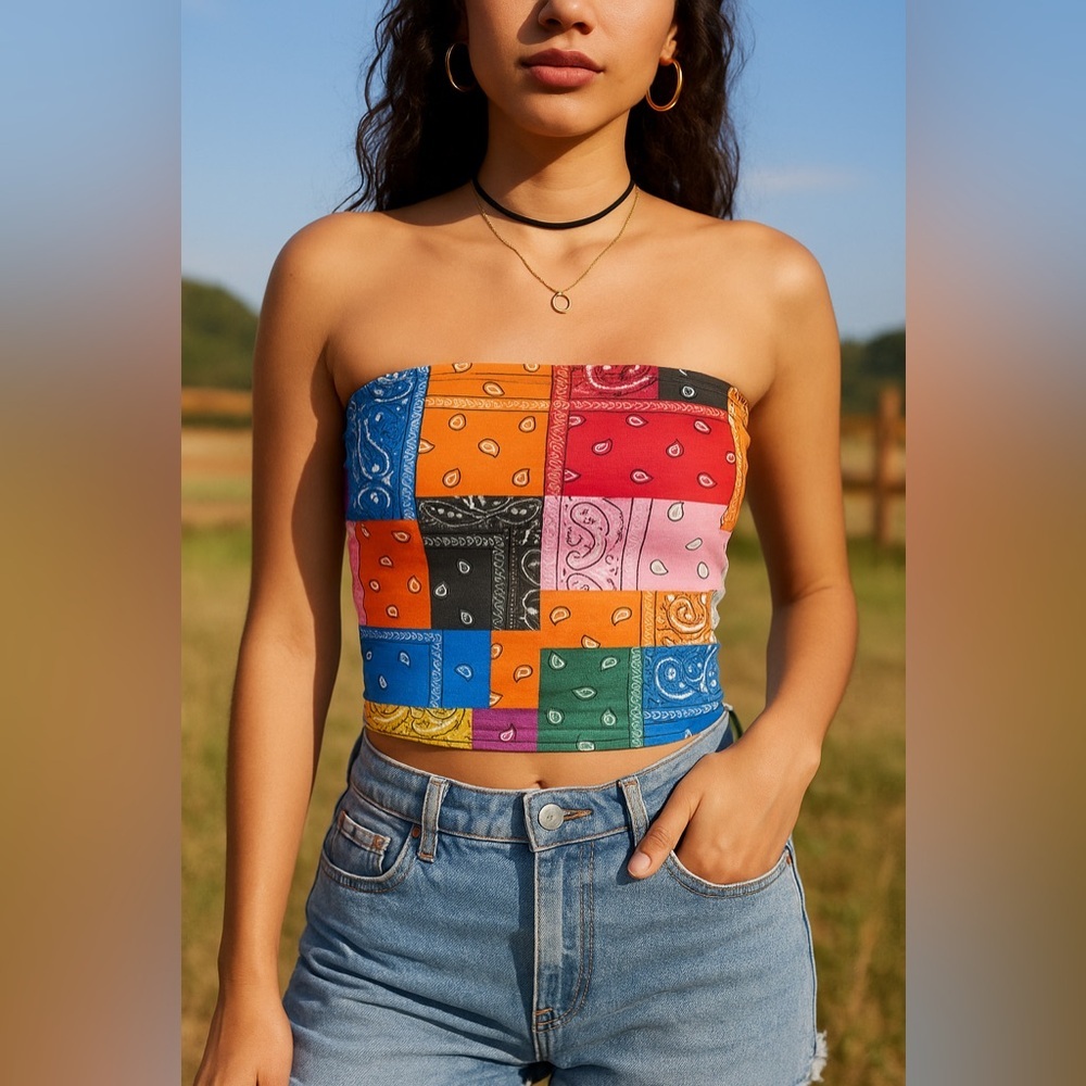 SHEIN Multicolor Patchwork Crop Tube Top Size XS
